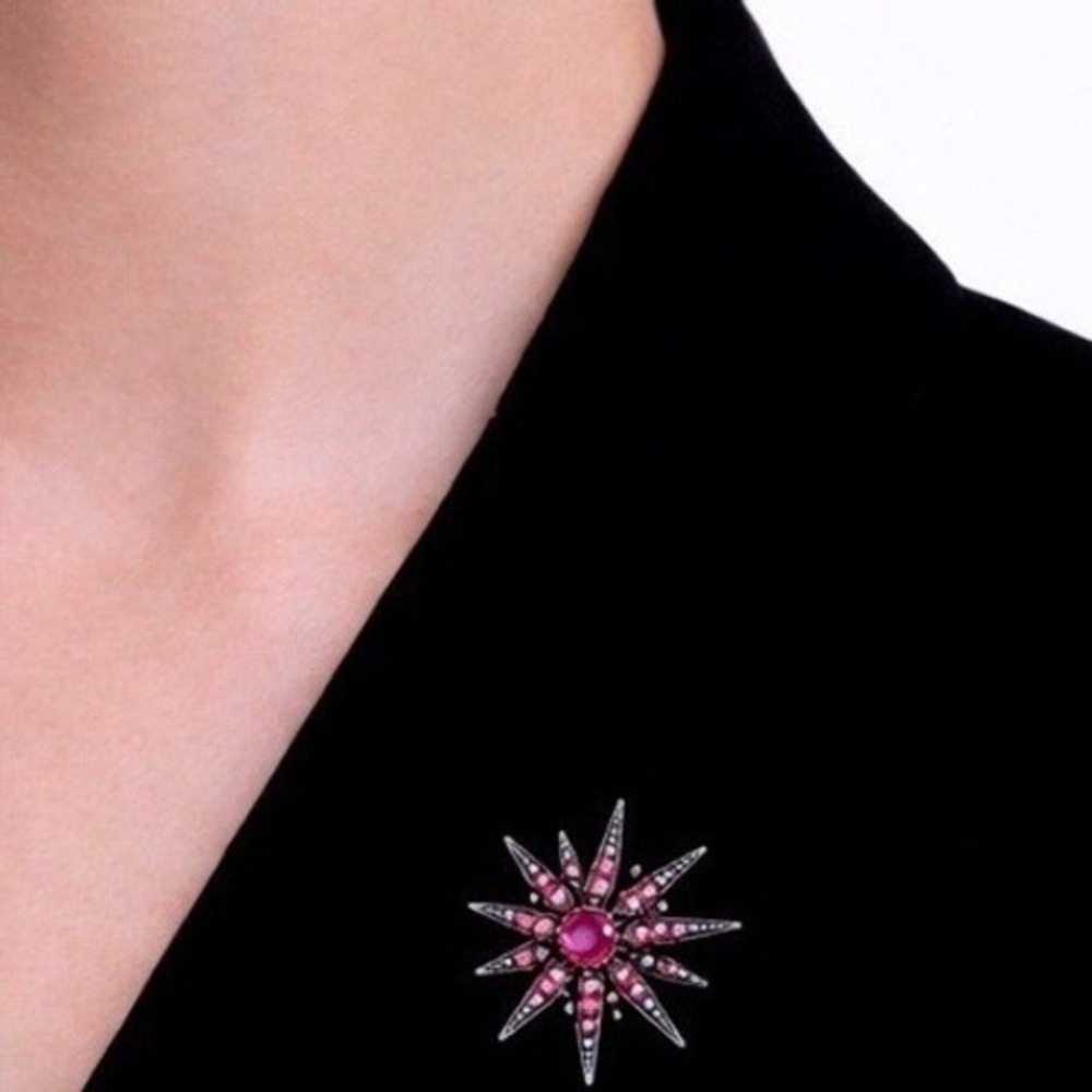 Vintage Pink Rhinestone Starburst Brooch Antique Silver Tone Celestial Pin J-01‎
